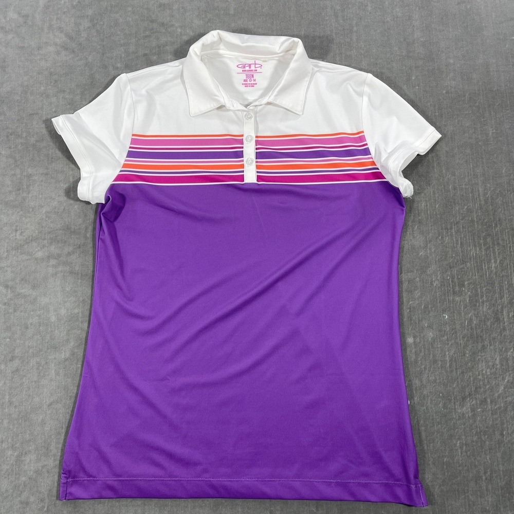 Garb Teen 13-14 Girls‎ Purple Striped Golf Polo Shirt Top